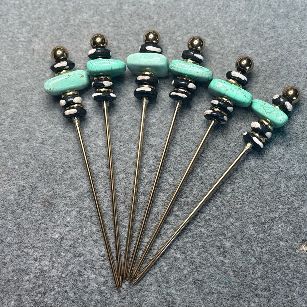 181 Stone Artisan Cocktail/Appetizer Picks; turquoise, black, gold; Set of 6